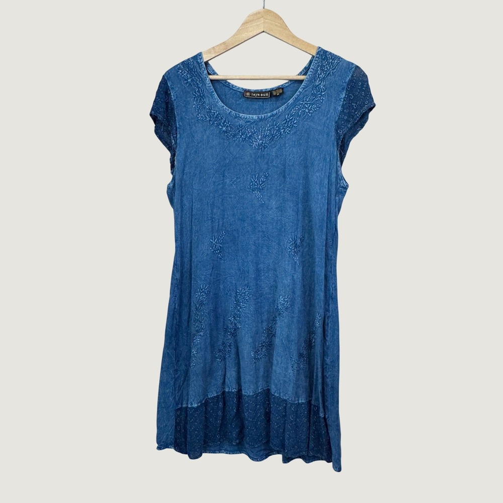 Raya Sun Embroidered Midi Dress Womens Medium Blue Boho Cotton Rayon Acid Wash